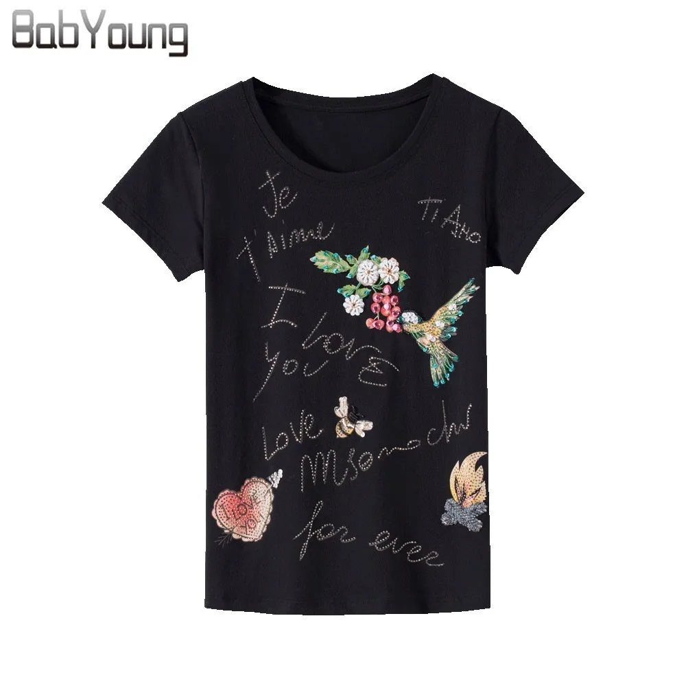 

BabYoung Summer Tops Women'S T-Shirt Fashion Style Handmade Flower Embroidery Femme Tees Cotton T Shirt Female Camisetas Mujer