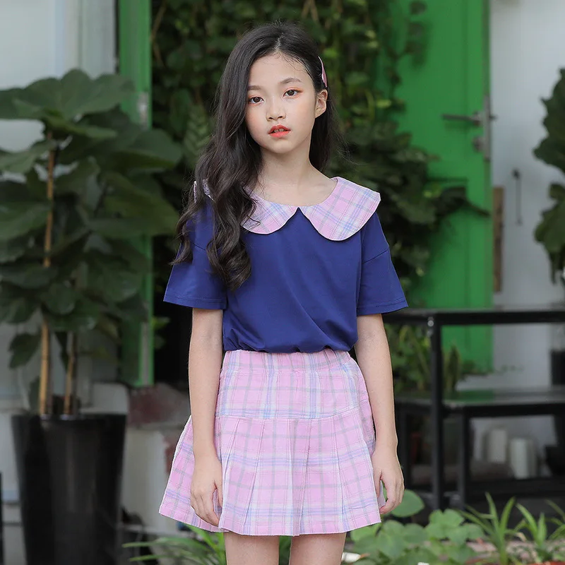 

School Summer Girls Clothing Set Short Sleeve T shirt Plaid Skirts 2 pieces Tracksuits Children