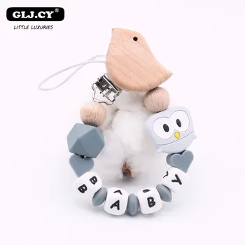 

New Personalised Wooden Birdie Clip DIY Baby Pacifier Chain Holder Customizable Name Cute Owl Silicone Beads Hand Made