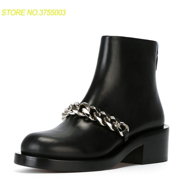 

Real Leather Ankle Boots Women Round Toe Back Chain Knight Boots Woman Flats Fashion Street style Women Winter Shoes