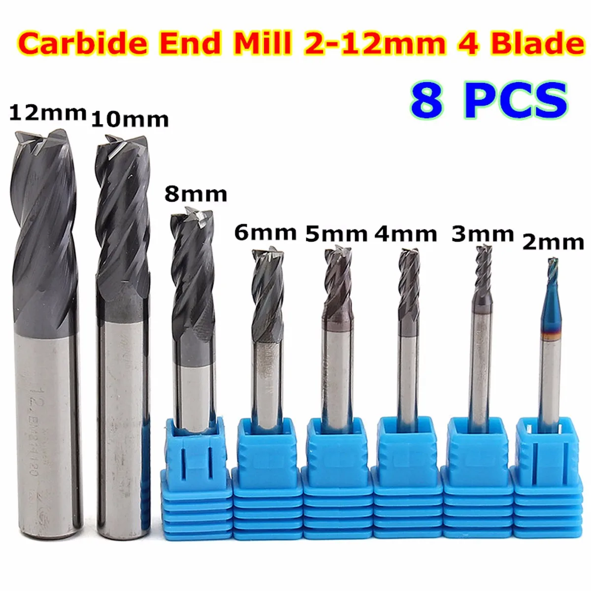 

8pcs Milling Cutter Set 4 Flutes 2-12mm Blades Carbide End with Box Milling Cutter Tool Kit CNC Mill Machine Tools Drill Bit