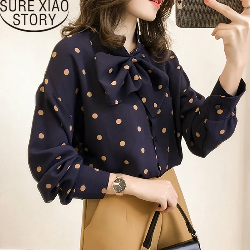 

blusas mujer de moda 2019 womens tops and blouses plus size women Polka Dot Bow chiffon blouse long sleeve shirts 1206 40