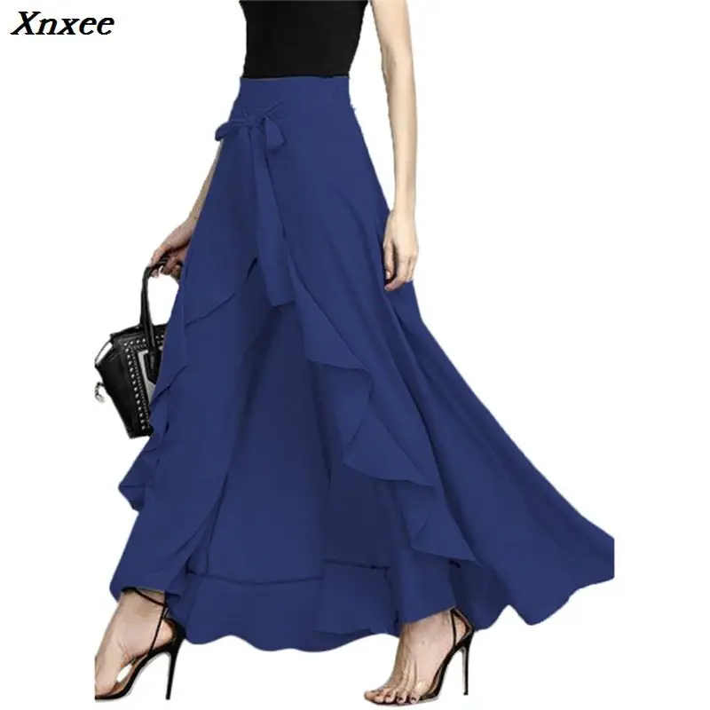 

Xnxee 2019 New Bow Tie Ruffle Maxi Trousers Skirt Fashion High Waist Asymmetrical Pantskirt High Quality Women Divided Skirts