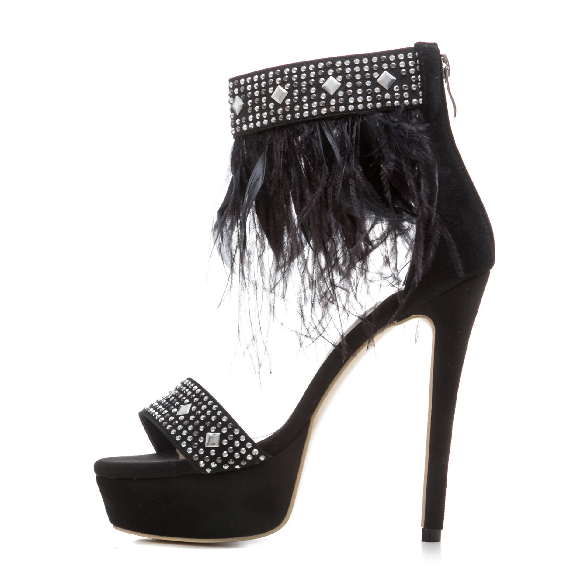 

Carole Levy 2019 New Black Feather Sexy Woman Shoes For Summer Thin High Heel Stilettos Rivet Decoration Platform Plus Size 43