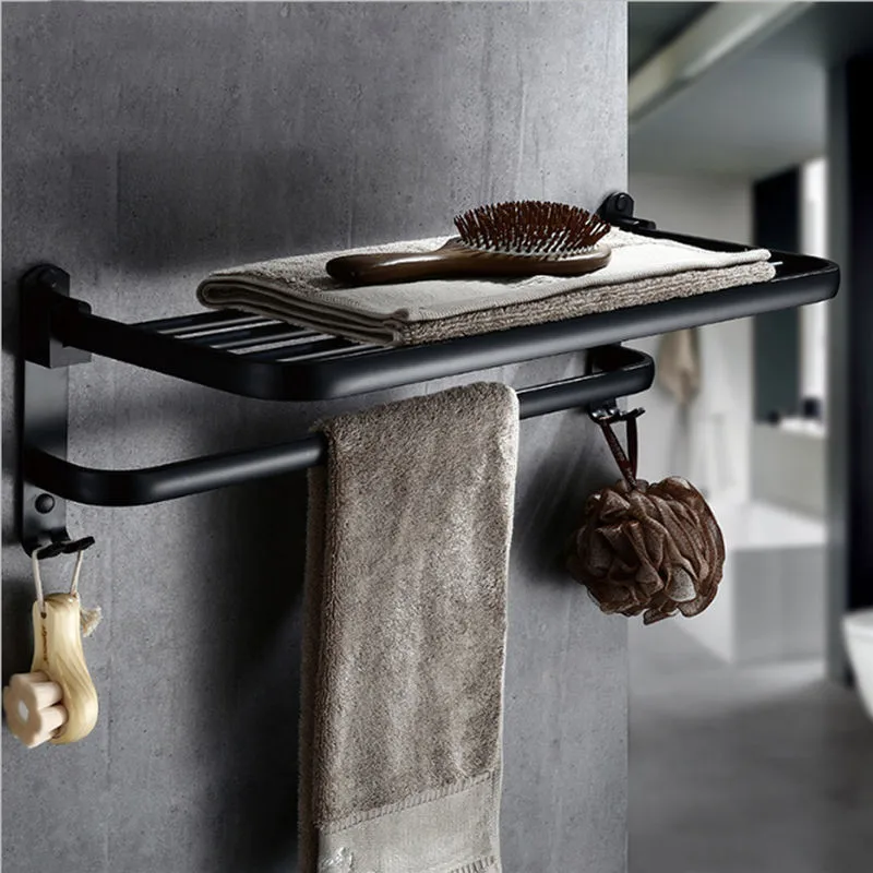 Günstige Xueqin 490 590mm Schwarz Alumimum Faltbare Handtuch Halter Handtuch Regal Wand Montiert Bad Handtuch Rack Lagerung Aufhänger Regal