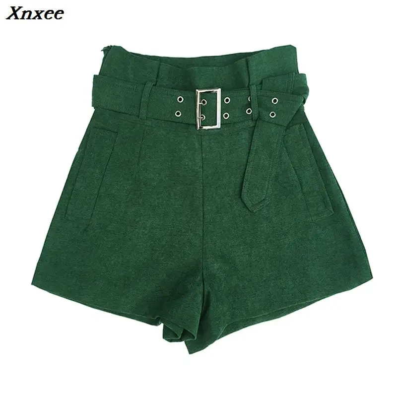 Xnxee high waist wide leg shorts with free belt women high street casual slim shorts fashion green short trousers 2019 2XL size Xnxee high waist wide leg shorts with free belt women high street casual slim shorts fashion green short trousers 2019 2XL size