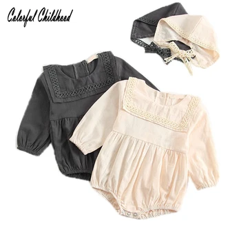 

Kid Girls Bodysuit Long Sleeve Solid Cotton-linen Autumn Jumpsuit With Cap Newborn Baby Infantile Overalls Sweet Ropa Bebe0- 24m