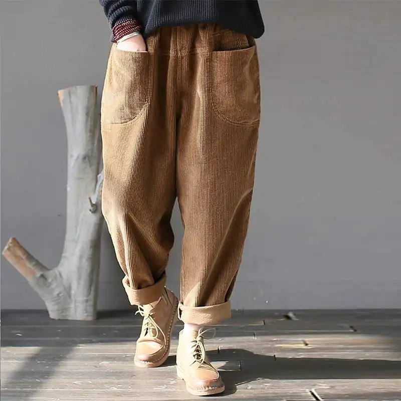 

Women Autumn Corduroy Pants Casual Elastic Waist Pockets Solid Long Harem Pants Vintage Loose Pantalon Ladies Work Trousers