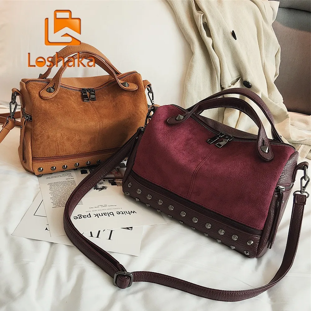 

Loshaka Rivet Vintage PU Leather Female Handbag Fashion Messenger Bag Women Shoulder Bag Larger Top-Handle Bags Travel Bag Sac