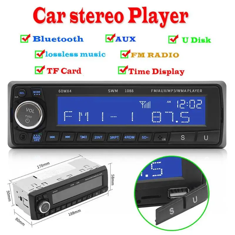 

SWM 1088 Car MP3 Player FM Radio BT AUX Remote Control Car Radio Autoradio Multimedia Player audio Car Stereo MP5 Bluetooth USB
