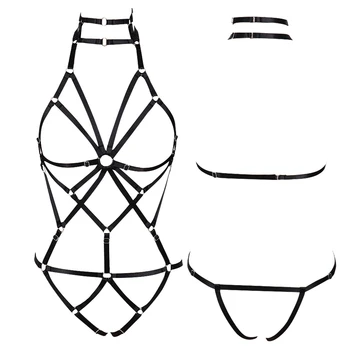 

Full Body Harness Bra for Women Black Strappy Tops Hollow Out Sexy Lingerie Set Elastic Adjust Punk Goth Club Dance Rave