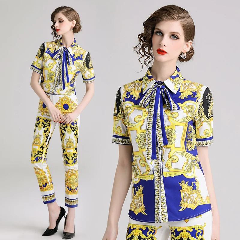 Banulin Fashion Runway Summer Pants Two Pieces Set Women's Short Sleeve Bow shirt + Casual Floral Print Pants Sets Suits B6208