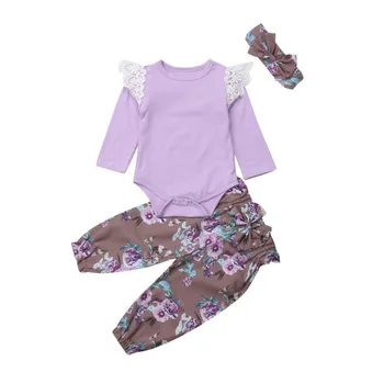 

Fashion Newborn Infant Baby Girl Flower Floral Lace Cotton Top Romper Jumpsuit Long Pants Leggings Headband 3Pcs Outfit Clothes