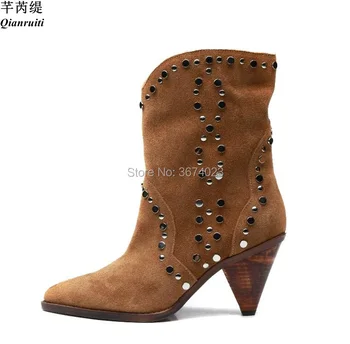 

Qianruiti Runway Women Rivets Studded Ankle Boots Suede Pointed Toe Spike Heels Slip On Tan Booties Mujer Botas