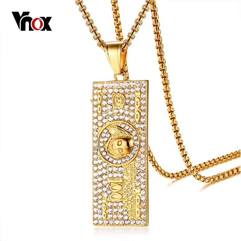 

Vnox Punk 100 USA Dollars Symbol Necklace for Men with Cubic Zirconia Gold Color Stainless Steel Square Pendant Hip Hop Jewelry