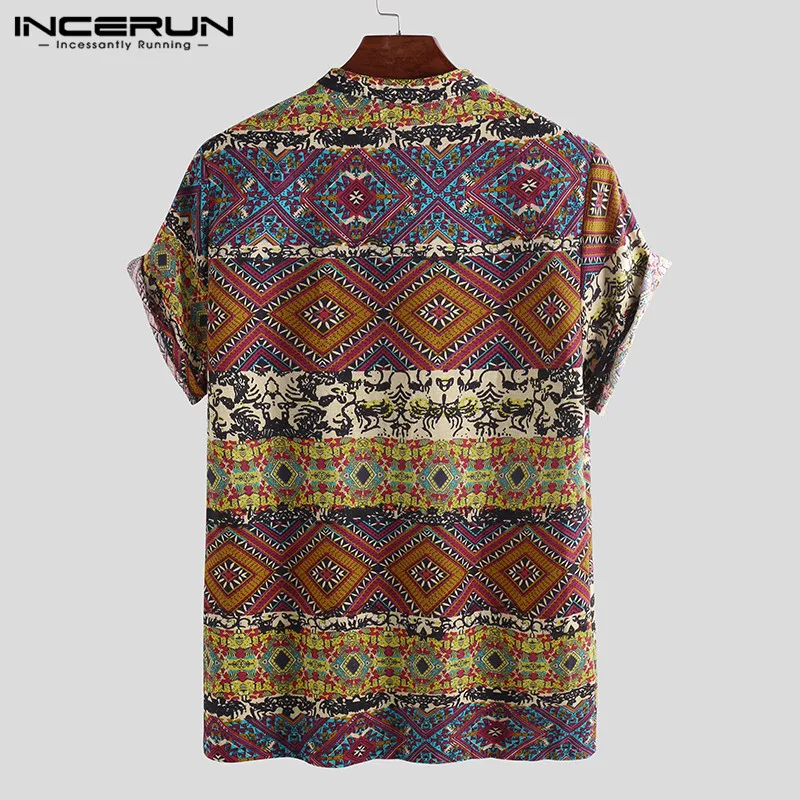 INCERUN 2019 العرقية طباعة الرجال تي شيرت الخامس الرقبة قصيرة الأكمام اللياقة البدنية العلامة التجارية المحملة قميص القطن عارضة الرجال هاواي تي ش...