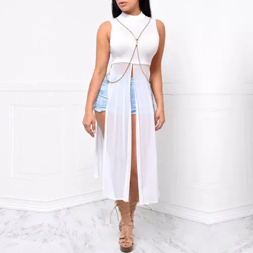 

Retro Hot Women Sleeveless Splice Mesh Blouse Chiffon Skinny Bodycon Party Club Soft Casual Evening Split Long Shirt 2019 NEW