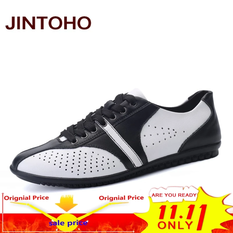 

JINTOHO big size 37-46 casual men genuine leather shoes summer breathable mesh male shoes luxury brand glitter men's flats shoes