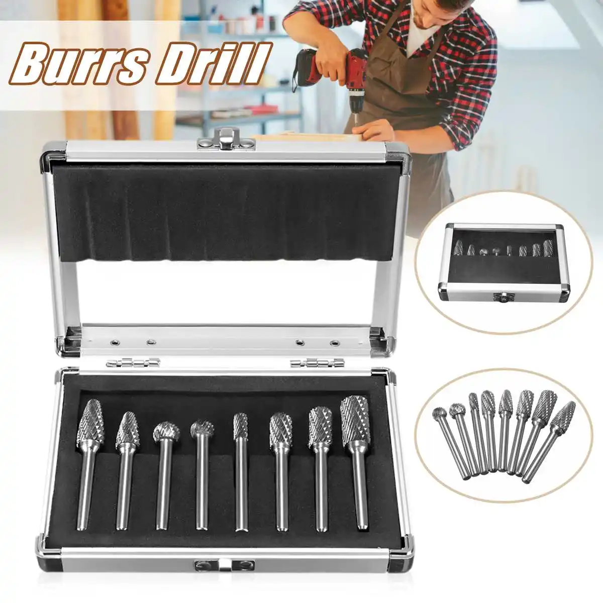 

8Pcs 1/4'' Shank Double Cut Carbide Rotary Burr Die Grinder Grinding Bit Tool Set Kit with Aluminum Box Abrasive Tools