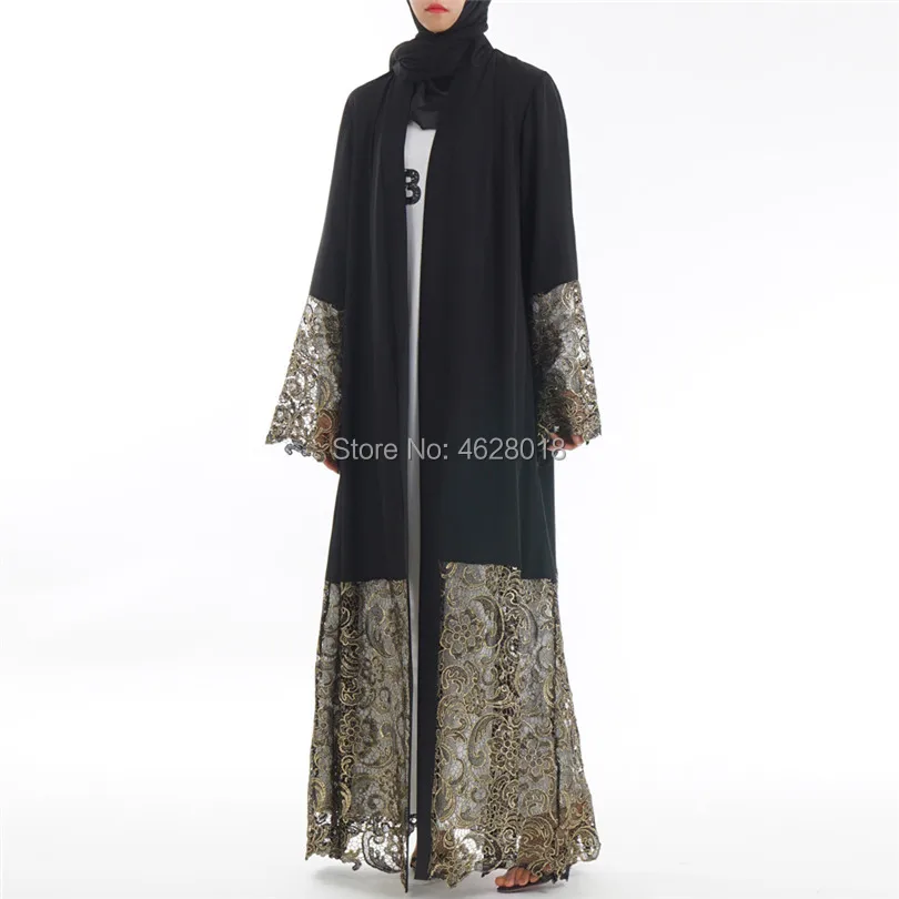 

Black Laser Cut Lace Muslim Dress Abaya Islamic Women Malaysia Jilbab Djellaba Robe Musulmane Turkish Baju Open Kimono Kaftan