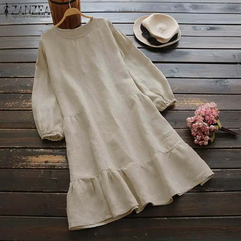 

2019 Plus Size ZANZEA Spring Women Casual Solid O Neck Long Sleeve Ruffled Patchwork Cotton Linen Loose Long Shirt Dress Vestido