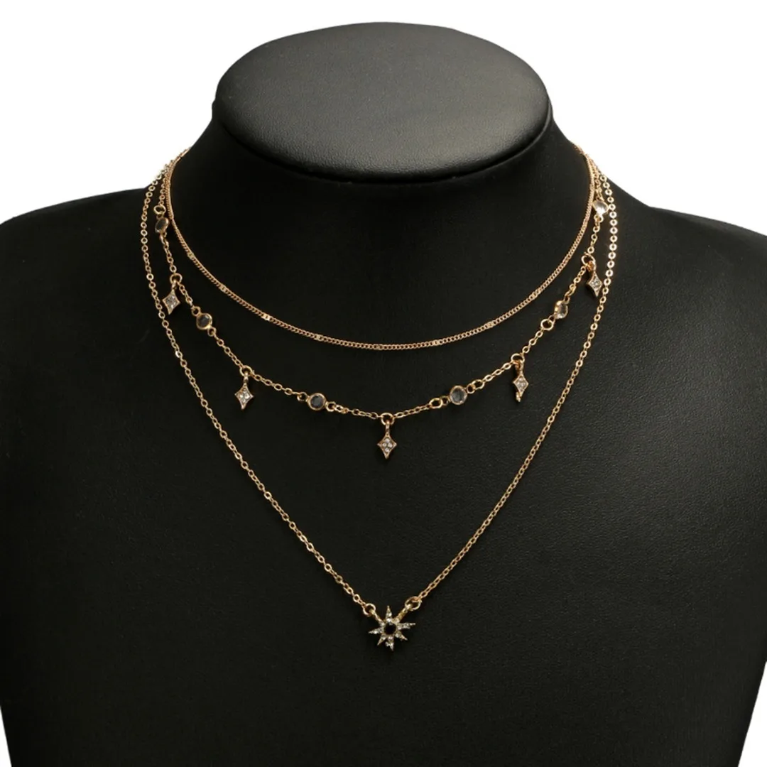 Buy Gold Color Three Layer Rhinestone Star Choker Necklaces & Necklaces Charms