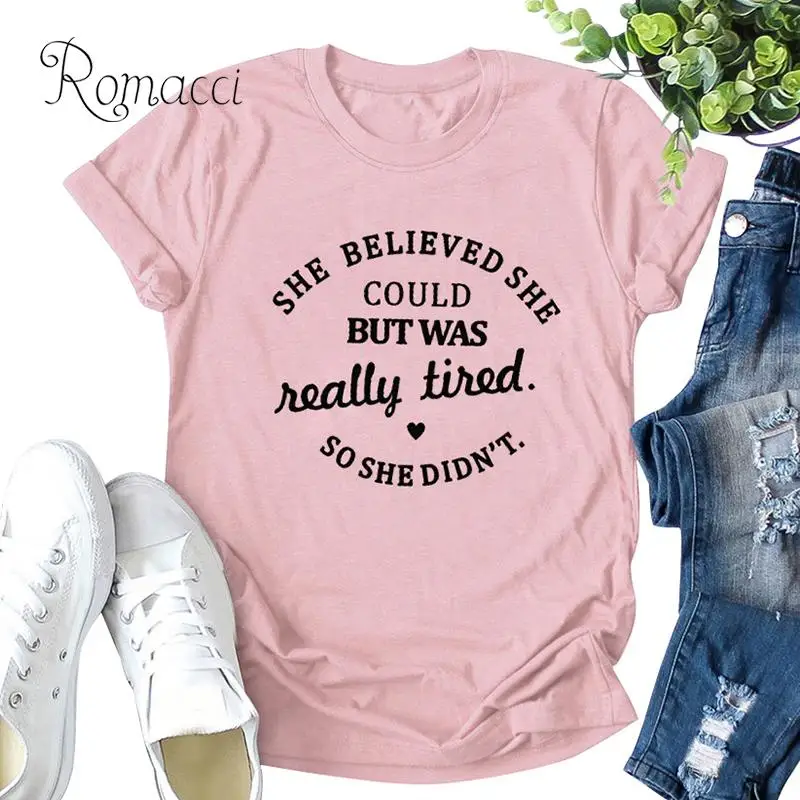 

Casual Women Cotton T-Shirt She Believed She Could But Was Really Tired Letter Print Plus Size T Shirt Short Sleeve Loose Tops
