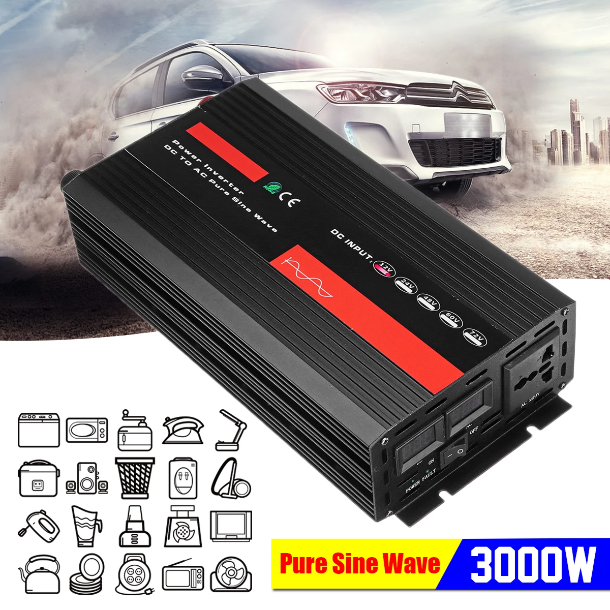 

Pure Sine Wave Power Inverter P eak 3000W DC 12V/24V to AC 220-240V Double LED Display Converter Voltage Transformer Intelligent
