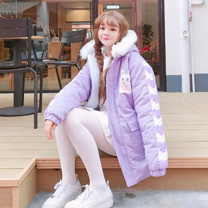 Skup 2019 zima moda damska śliczny nadruk kreskówkowy panieńskie ocieplane płaszcze Kawaii z kapturem luźny różowy pas Casual krótki długi płaszcz
