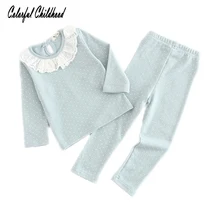 Хлопковый комплект для малышей, 2 предмета в партии+ штаны, пижама в горошек с кружевным воротником, верхняя одежда, одежда для маленьких девочек, плотная теплая зимняя одежда для детей 0-2 лет
