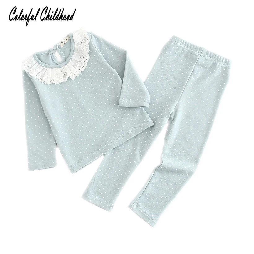 

BABY cotton set 2PCStop+pants lace collar dot design pajamas outwear Infant/toddlers girls clothes thick warm winter clothes 0-2