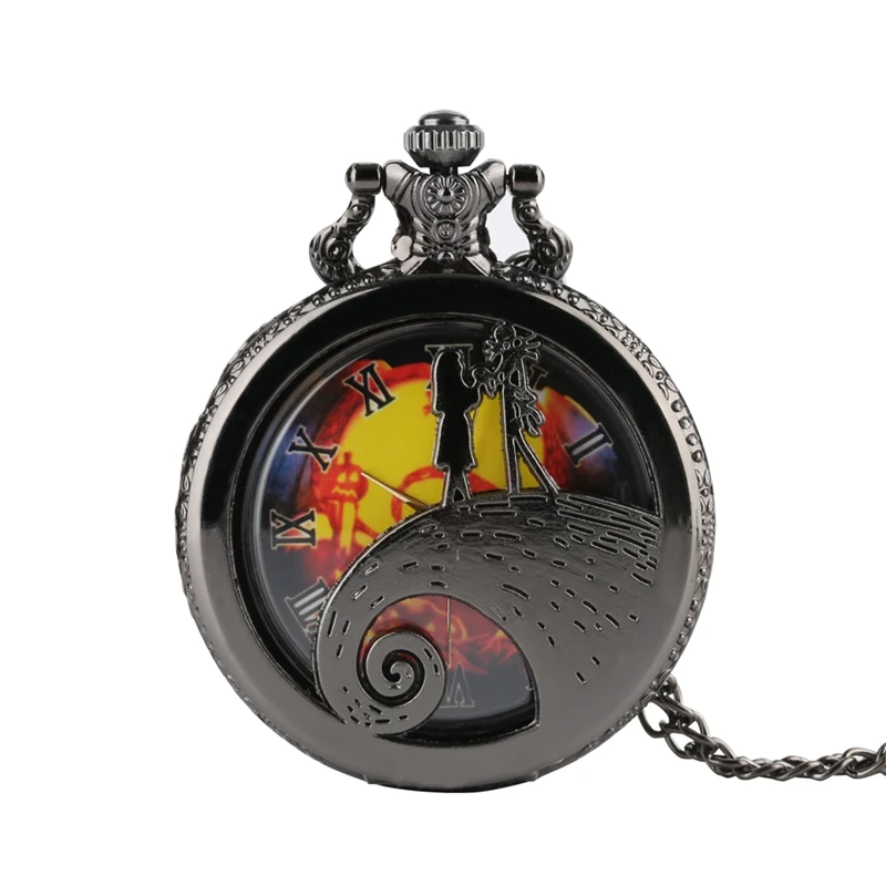 

Top Gifts Tim Burton The Nightmare Before Christmas Quartz Pocket Watch Jack Skellington Pendant Watch Black Silver Necklace