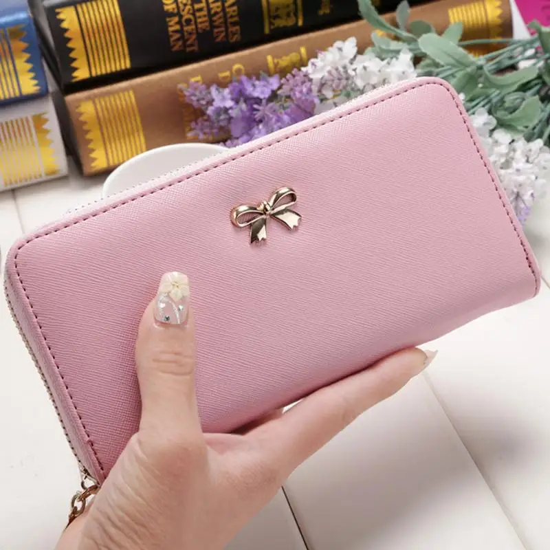 

Cute Bowknot Women Long Wallet Zipper Long Pure Color Clutch Bag Purse Phone Bag Card Holder Large Capacity Wallet #20