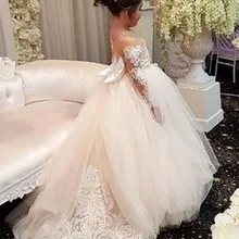 Платье для первого причастия тюль, цвет Шампань, с бантом и длинными рукавами, Кружевные Платья с цветочным узором для девочек Праздничная одежда для От 2 до 14 лет