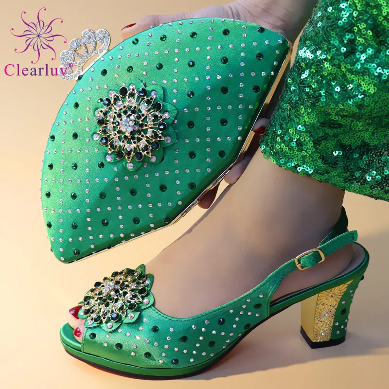 

New Arrival Italian Shoes with Matching Bags Set Decorated with Rhinestone Slip on Women Wedding Pumps Elegant Block Heel Shoes