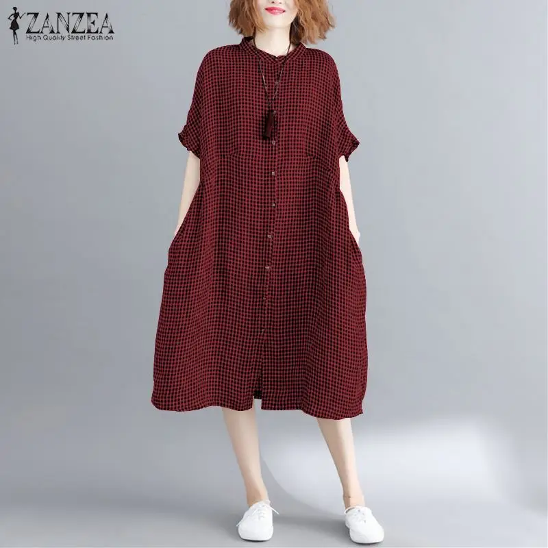 

2019 ZANZEA Check Shirt Dress Women's Sundress Batwing Sleeve Summer Vestidos Kaftan Casual Robe Femme Plus Size Plaid Dress 5XL