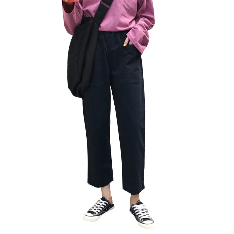 

Fashion Spring Summer Women Vintage Elastic Waist Casual Loose Pockets Straight Pant Women Vaqueros