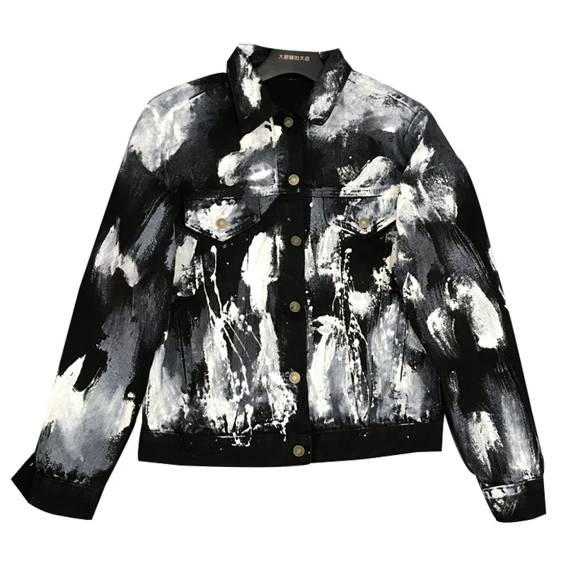 Veste 2019 Pleine Femmes Printemps Deat We21301 Turn Imprimé Encres Poitrine Manteau Mode Collar Lâche Denim Unique Manches down Black Nouveau 8pAWWcd