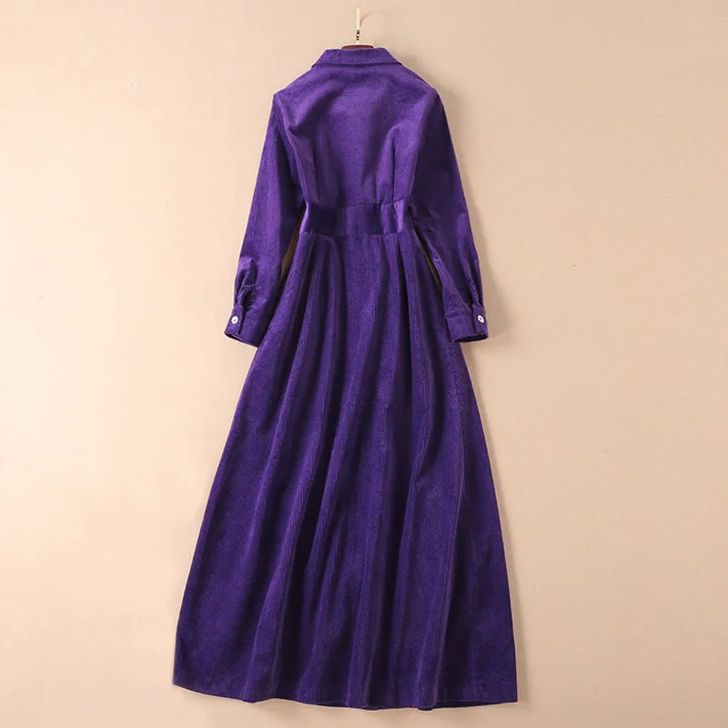 Одежда женская верхняя одежда Подиум Осень Зима Женское вельветовое фиолетовое пальто с карманами с клапаном ТРАПЕЦИЕВИДНОЕ длинное пальто с длинным рукавом