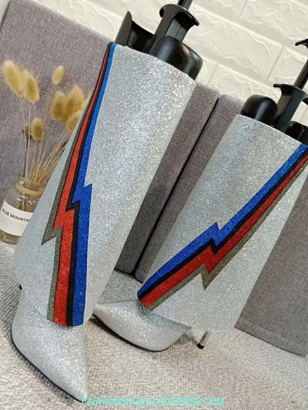 

new fashion silver leather pointed toe high heel high boots Metal powder colorful lightning Sequin woman boots real photos