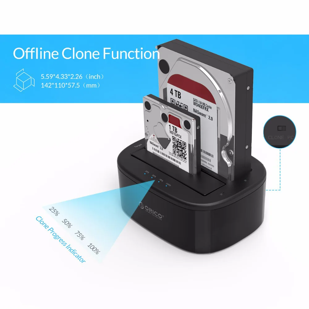  Estación de acoplamiento de disco duro de doble Bahía Orico 6228US3 USB 30 a SATA para 25/35 pulgad