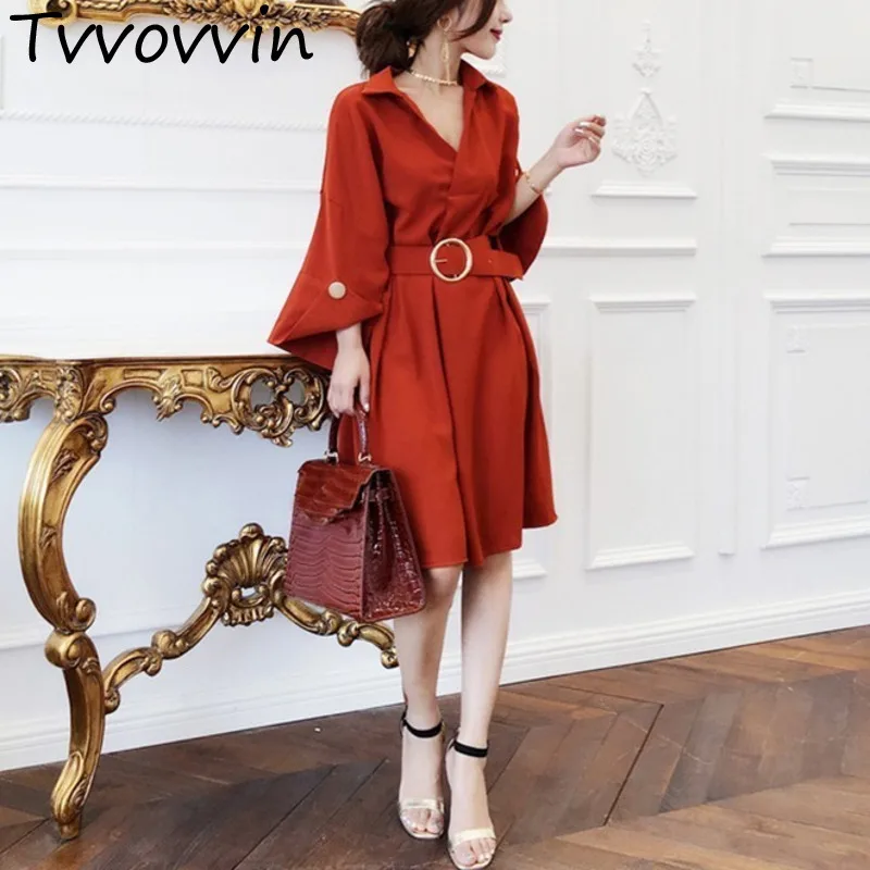 

TVVOVVIN Spring Sweet Women Dress V Neck Three Quarter Flare Sleeve Sashes High Waist Above Knee Mini Female Dresses New E295