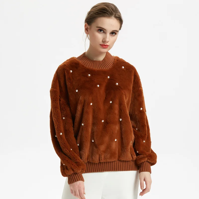 

2018 Autumn Winter Loose Sweatshirts Women Casual Long Sleeve O Neck Pearl Beading Soft Pullovers Femme Warm Flannel Sweatshirt