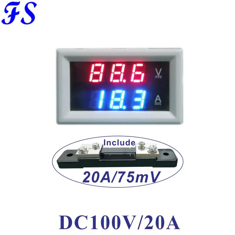 Высокое качество DC 100 в 20А Вольтметр Амперметр синий красный светодиодный усилитель двойной цифровой вольтметр датчик постоянного напряжения измеритель тока с шунтом 20