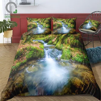 

BOMCOM 3D Digital Printing bedding set small Waterfall green forest river stream landscape Duvet Cover Sets 100% Microfiber