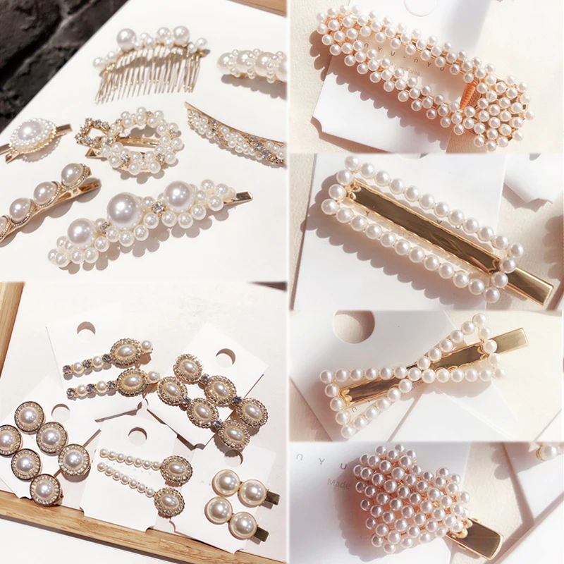 

Korean fashion crystal hairpin elegant imitation pearl heart bow geometry clip hairgrips girl wedding headwear hair accessories