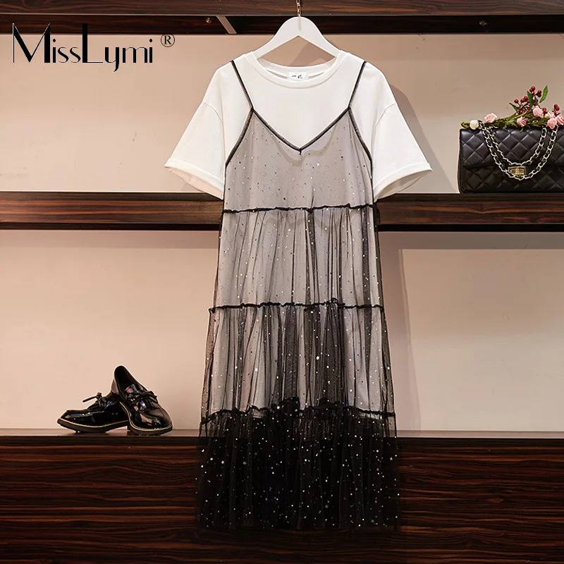 

XL-5XL Plus Size Women Two Piece Dress Summer 2019 Short Sleeve Cotton Long T shirt and Star Sequins Spaghetti Strap Mesh Dress