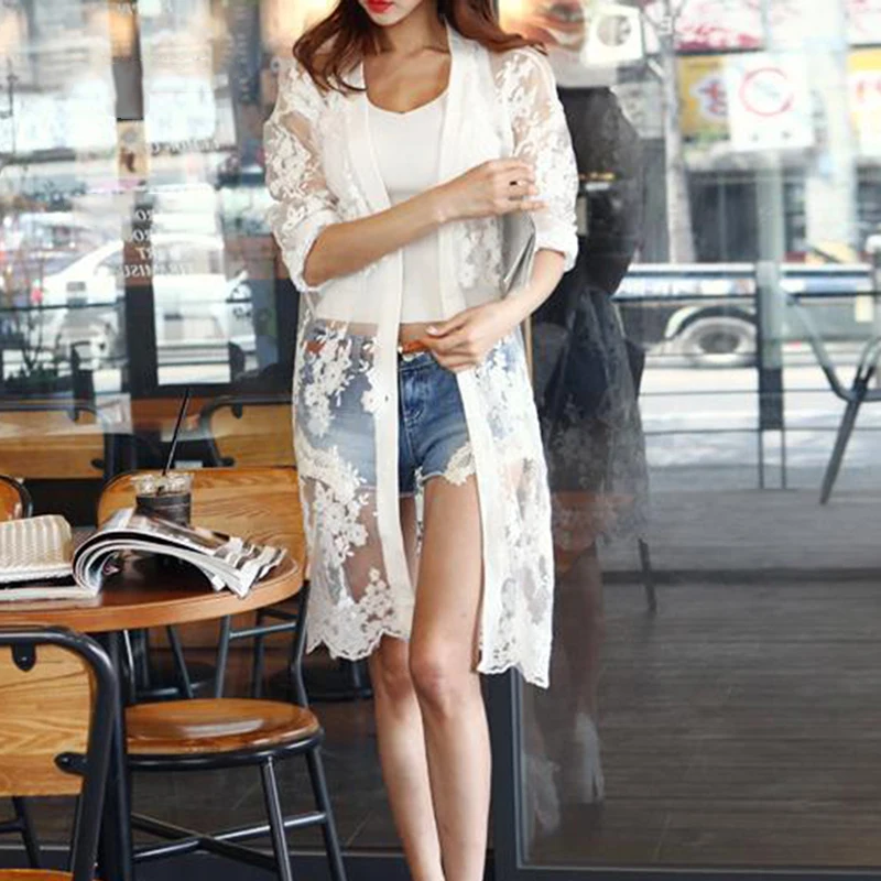 

Women bohemian Lace Chiffon Crochet Loose Shawl Kimono Cardigan Beach summer Coat Blouse