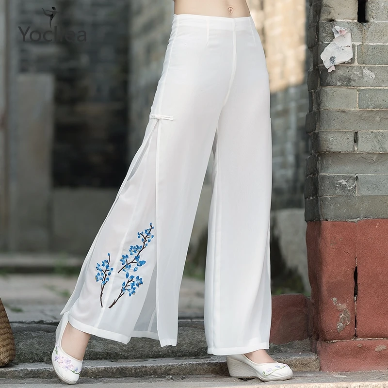 

Women OL Chiffon Mid Wasit Wide Leg Pants plus size S-5XL Spring Autumn Embroidered Double layer casual trousers WJ515