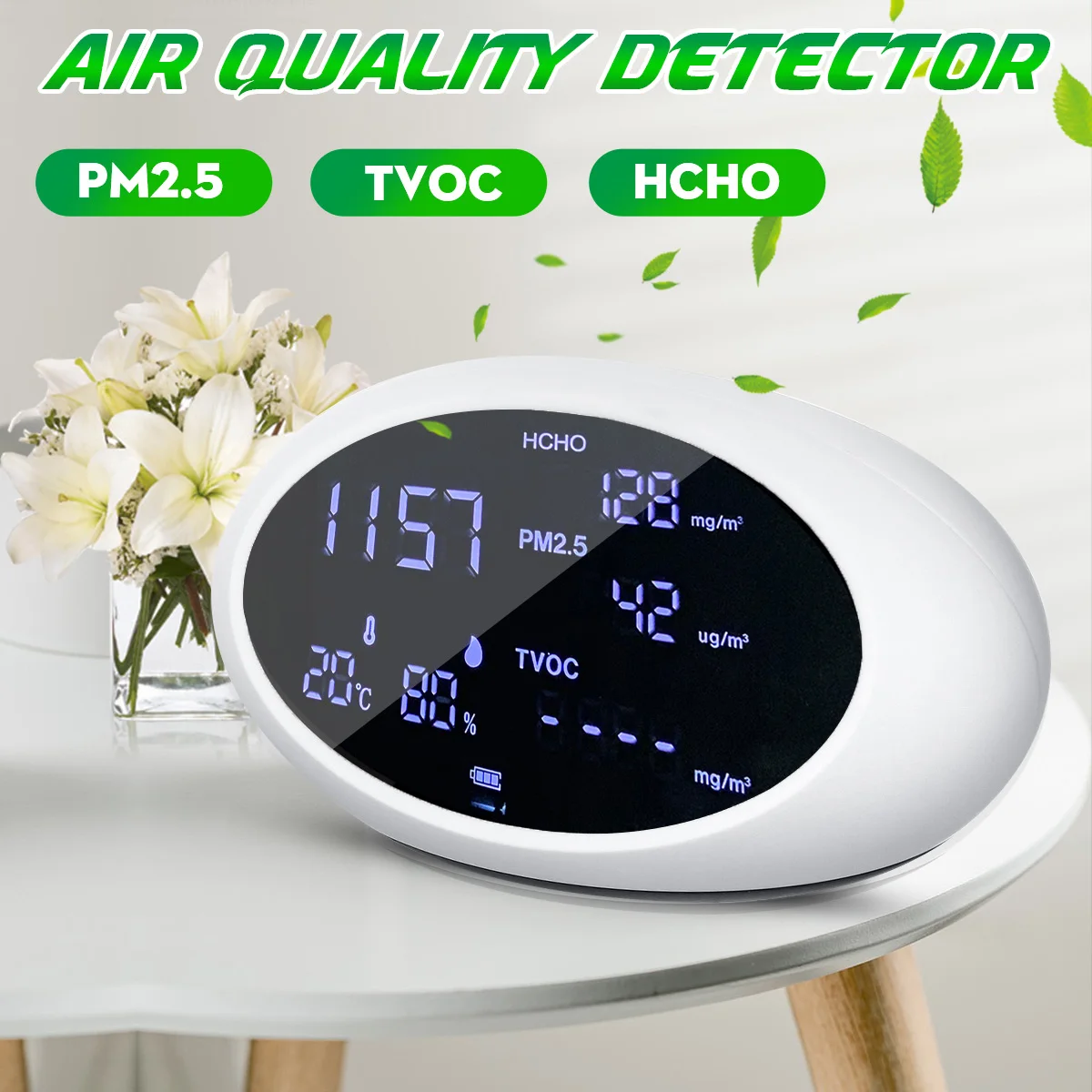 

Digital Air Quality Monitor PM2.5 Detector Gas Analyzer Alarm Formaldehyde Meter HCHO TVOC Tester Temperature Humidity Sensor
